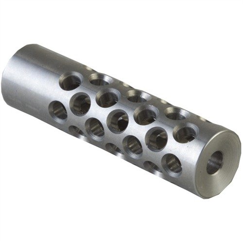 Multi-port muzzle brake for .22 caliber reduces recoil and muzzle rise with 42 ports for maximum control. Requires gunsmithing for optimal performance.