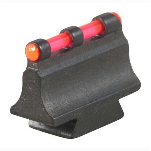 Easy-to-install fiber optic front sight for rifles, enhancing visibility with bright red beads that won't wash out in sunlight, fitting 3/8" dovetails.
