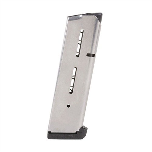Legendární 47D magazín od Wilson Combat, 8 ran .45 ACP pro Full-Size 1911, dostupný ve nerezovém nebo černém fluoropolymerovém provedení.